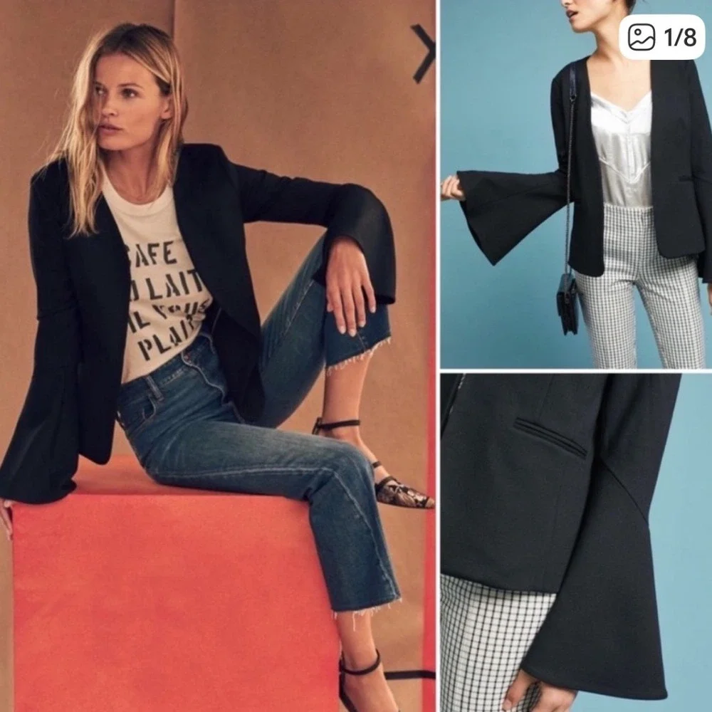 Anthropologie‎ Cartonnier Women's Black Blazer Bell Sleeves Eye-Hook Closure XL
